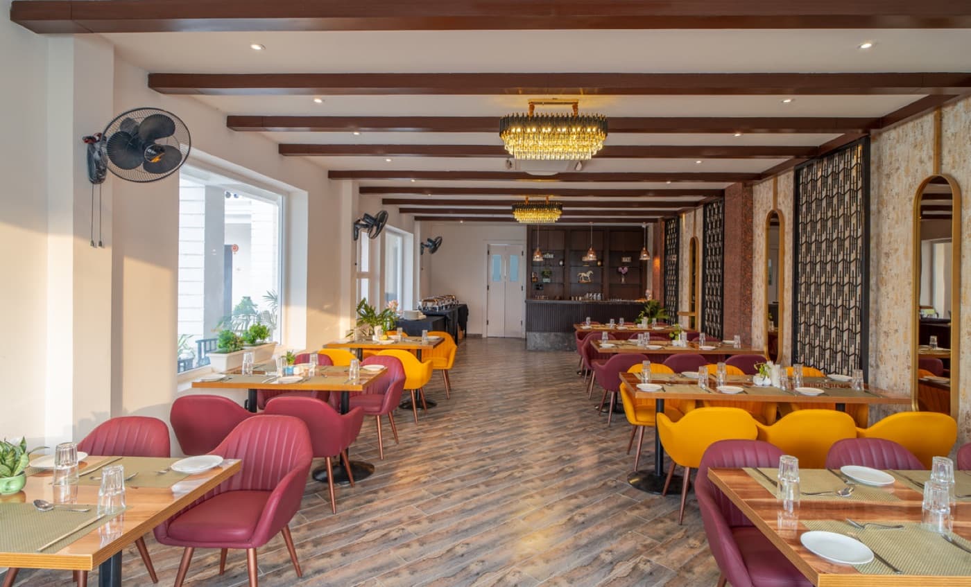 Restaurant dining area with colorful seating